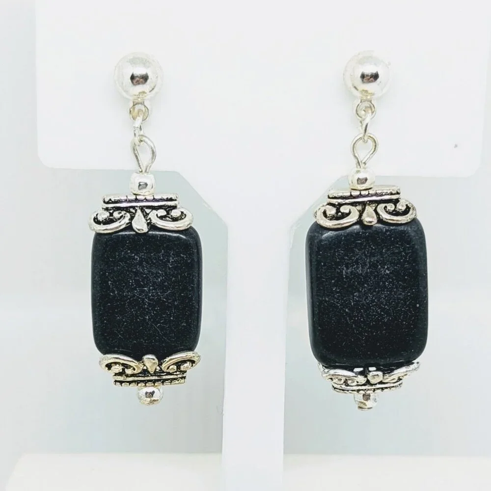 Artisan Black Stone Silver Filigree Dangle Earrings - Picture 1 of 2